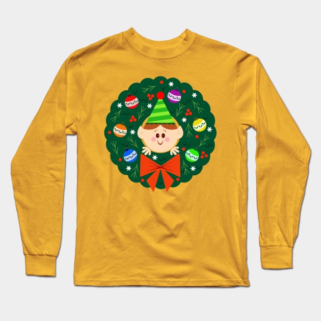 happy elf in wreath Long Sleeve T-Shirt by richhwalsh